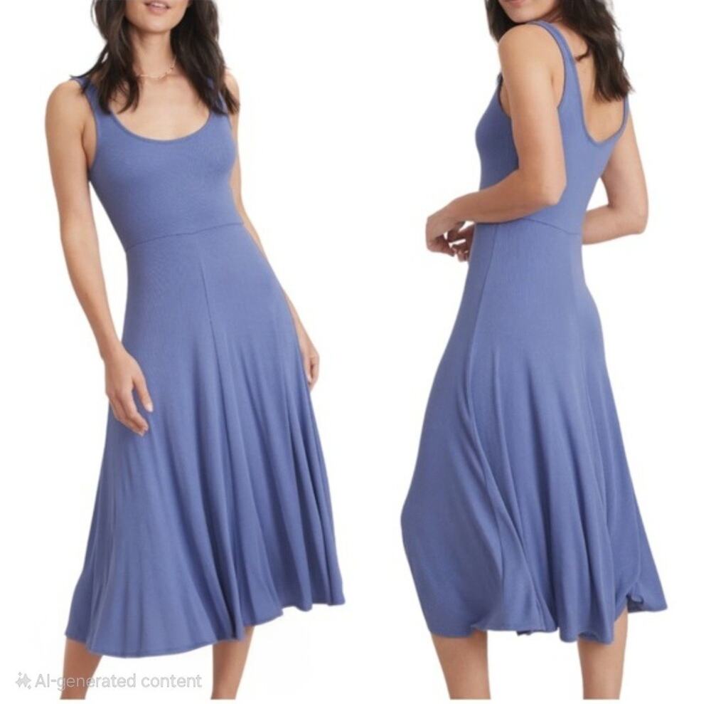 Marine Layer Lexi Rib Fit Flare Midi Tank Dress XS Blue Coastal Resort Vacation